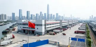 China Distribution Center by Amazon For US-Bound Inventory Logistics warehouse with loading docks and trucks, a Chinese flag in front, river nearby and a skyline of tall buildings in the distance.