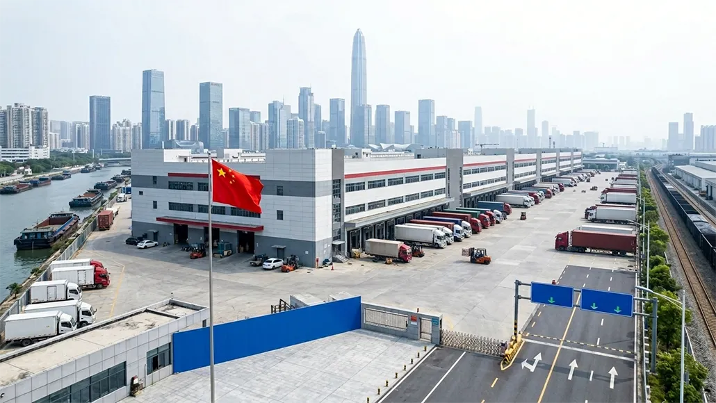 Logistics warehouse with loading docks and trucks, a Chinese flag in front, river nearby and a skyline of tall buildings in the distance.