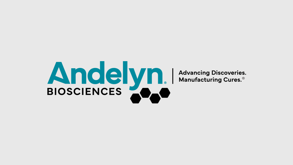 Andelyn Biosciences logo on a light gray background, teal 'Andelyn' with black 'BIOSCIENCES' and hexagon icons to the right.