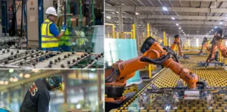 Operational Continuity Maintained by Dubai Investments Industrial manufacturing collage showing a worker in a safety vest and helmet inspecting glass, a welder at work, and orange robotic arms on a conveyor line with yellow rollers in a large factory.