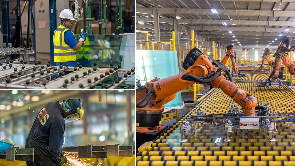 Industrial manufacturing collage showing a worker in a safety vest and helmet inspecting glass, a welder at work, and orange robotic arms on a conveyor line with yellow rollers in a large factory.